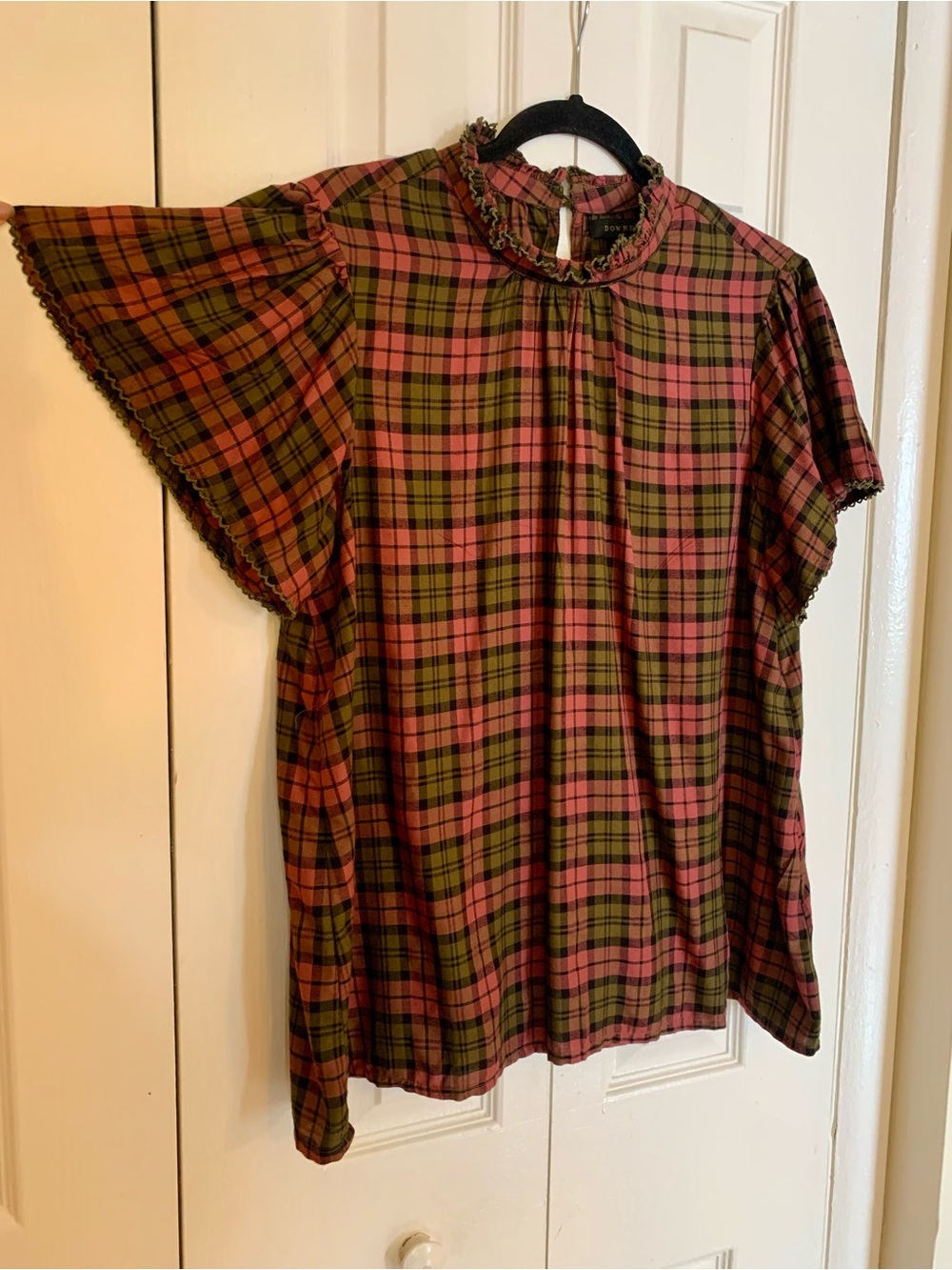 DownEast Pink & Olive Plaid Ruffle Neck Flutter Sleeve Top